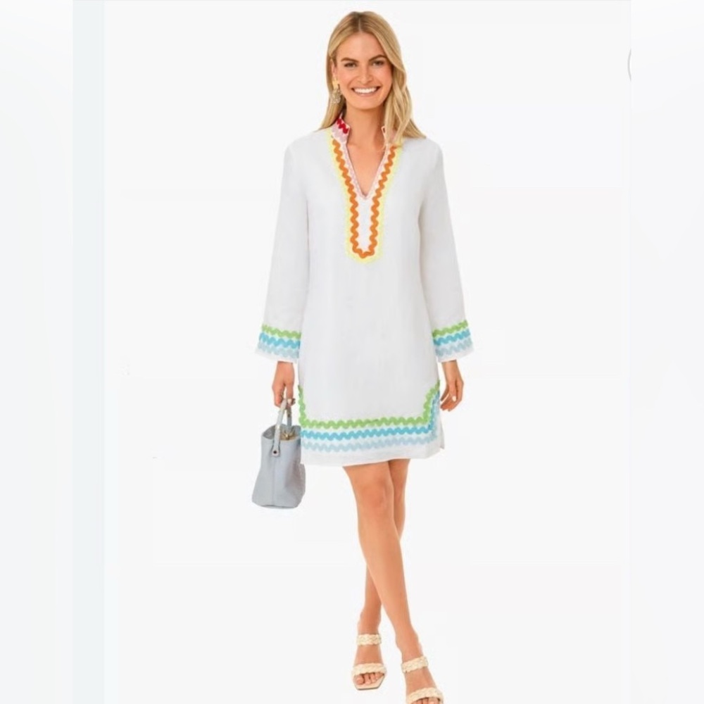Tuckernuck White Long Sleeve Dress with Colorful Trim